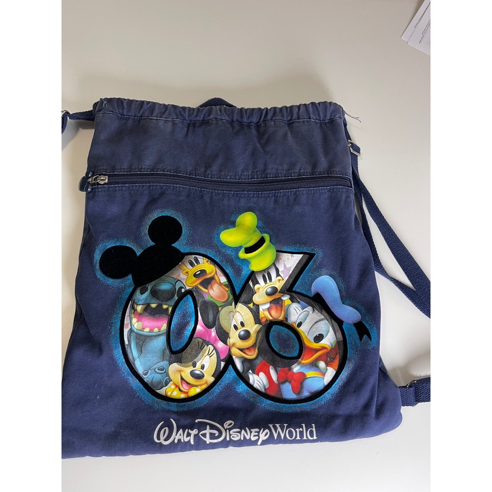 Vintage Walt Disney World 2006 Drawstring Backpack Navy Blue Mickey Stitch y2k
